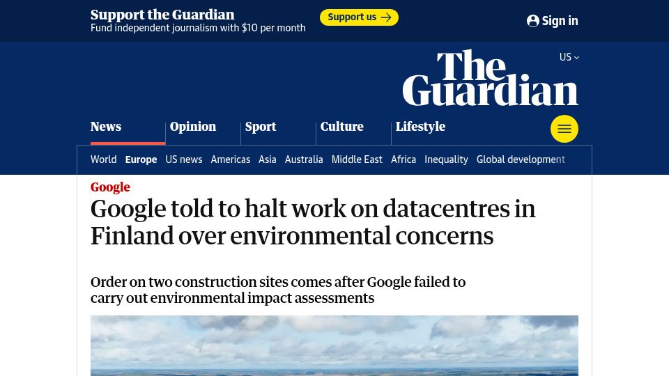 Screenshot of theguardian.com: Google is illegaly cutting forest to build data centers