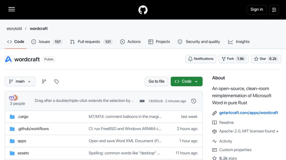 Screenshot of github.com: An open-source, clean-room reimplementation of Microsoft Word in pure Rust