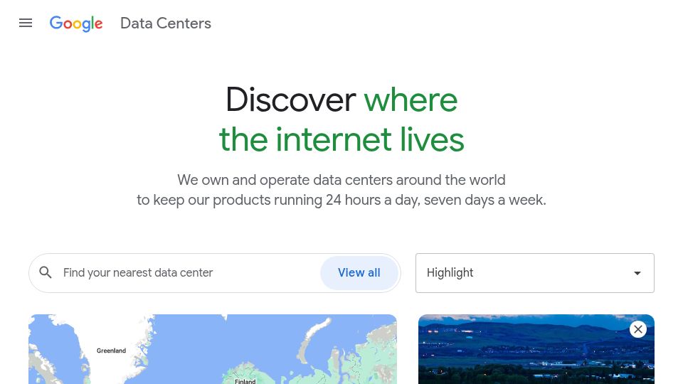 Screenshot of datacenters.google: Google Data Centers around the world