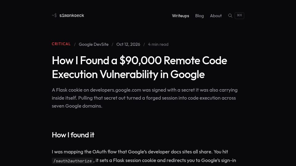Screenshot of simonkoeck.com: I Found a $90k Remote Code Execution Vulnerability in Google
