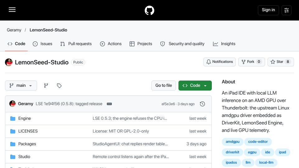 Screenshot of github.com: Running the unmodified Linux amdgpu driver on an iPad