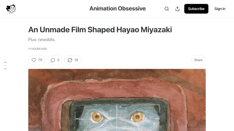 Screenshot of animationobsessive.substack.com: An Unmade Film Shaped Hayao Miyazaki