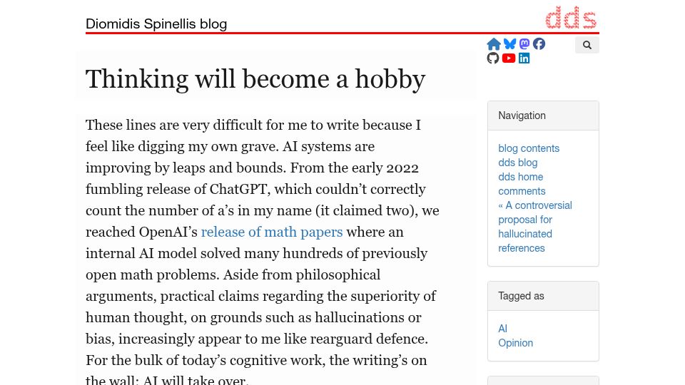 Screenshot of spinellis.gr: Thinking will become a hobby
