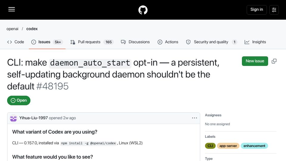 Screenshot of github.com: Codex CLI installs a persistent, self-updating background daemon by default