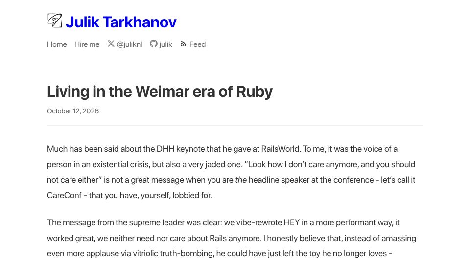 Screenshot of blog.julik.nl: Living in the Weimar Era of Ruby