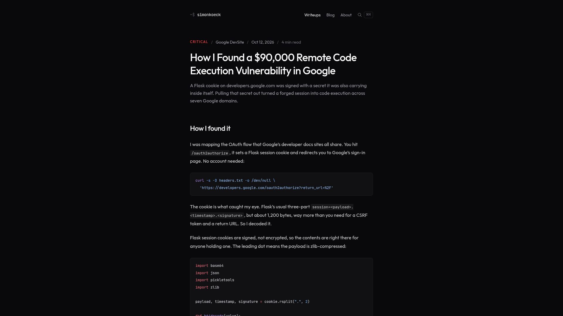 Screenshot of simonkoeck.com: I Found a $90k Remote Code Execution Vulnerability in Google