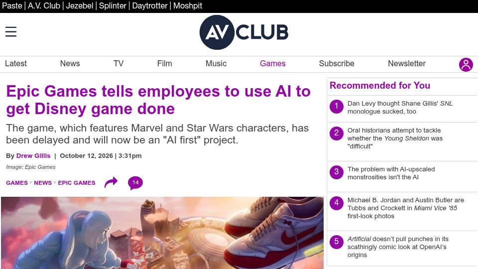 Screenshot of avclub.com: Epic Games tells employees to use AI to get Disney game done