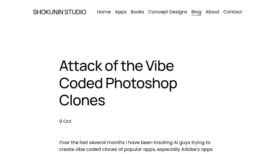 Screenshot of shokunin.studio: Attack of the Vibe Coded Photoshop Clones