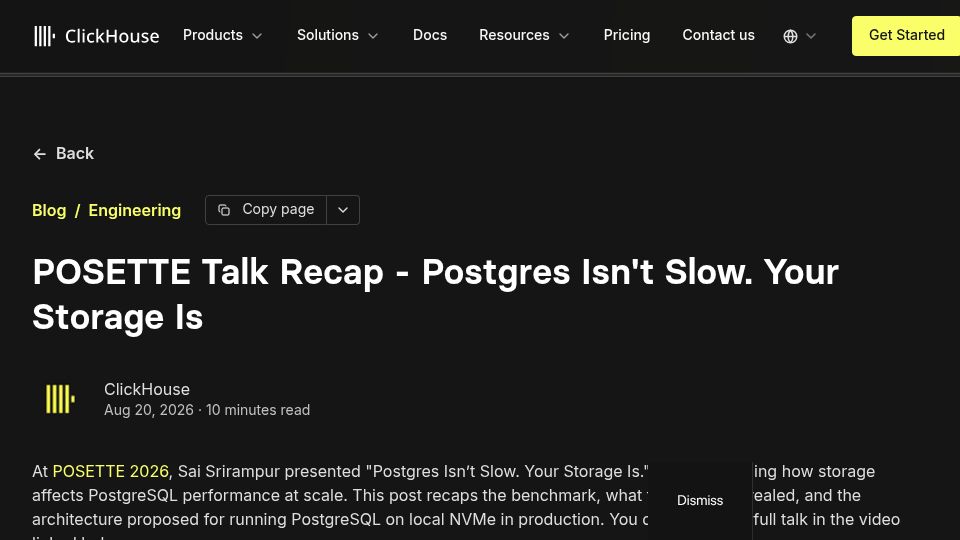Screenshot of clickhouse.com: Postgres isn't slow, your storage is