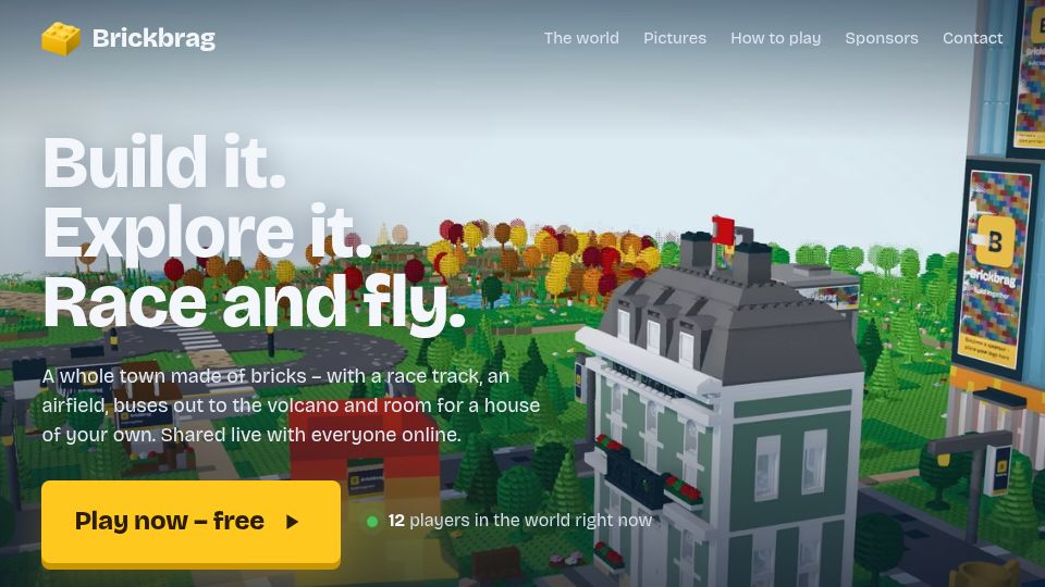 Screenshot of brickbrag.com: Show HN: Brickbrag – A multiplayer brick-building world in the browser