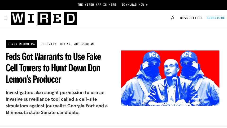 Screenshot of wired.com: Feds got warrants to use fake cell towers to hunt down Don Lemon's producer