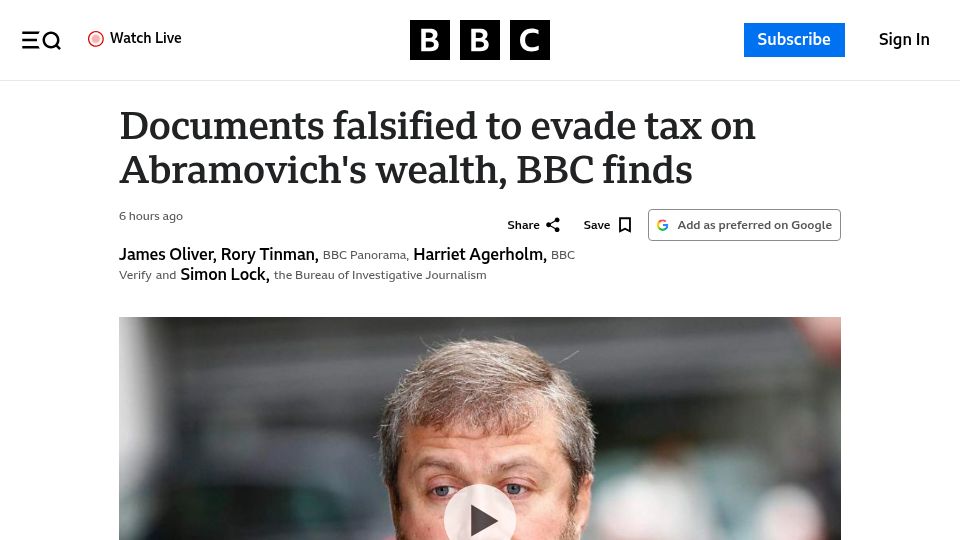 Screenshot of bbc.com: Deloitte falsified documents to evade tax on Abramovich's wealth