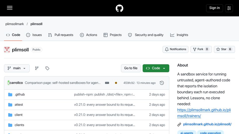 Screenshot of github.com: Show HN: Plimsoll, a self-hosted sandbox for code your AI agent writes