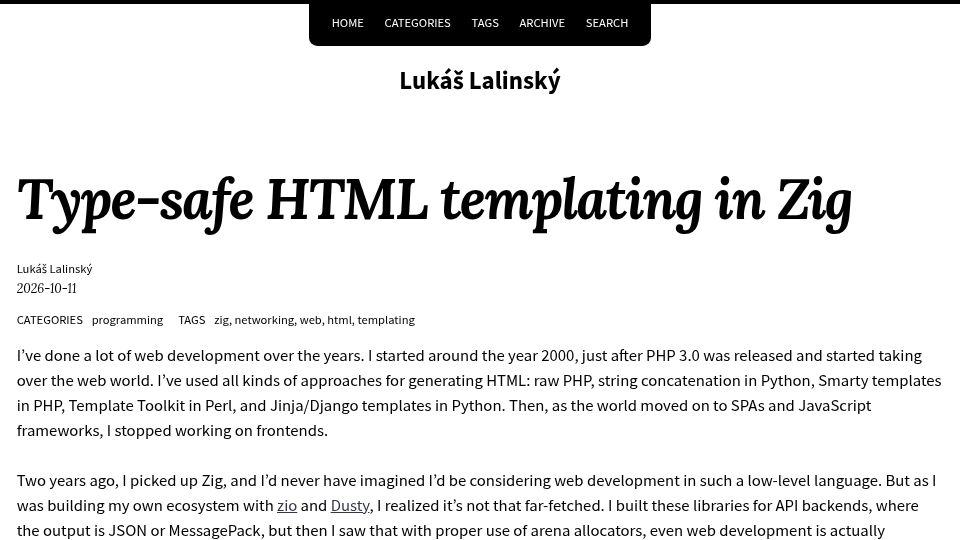 Screenshot of lalinsky.com: Type-safe HTML templating in Zig