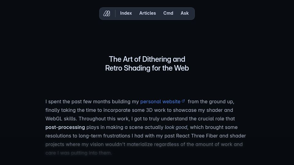 Screenshot of blog.maximeheckel.com: The Art of Dithering and Retro Shading for the Web