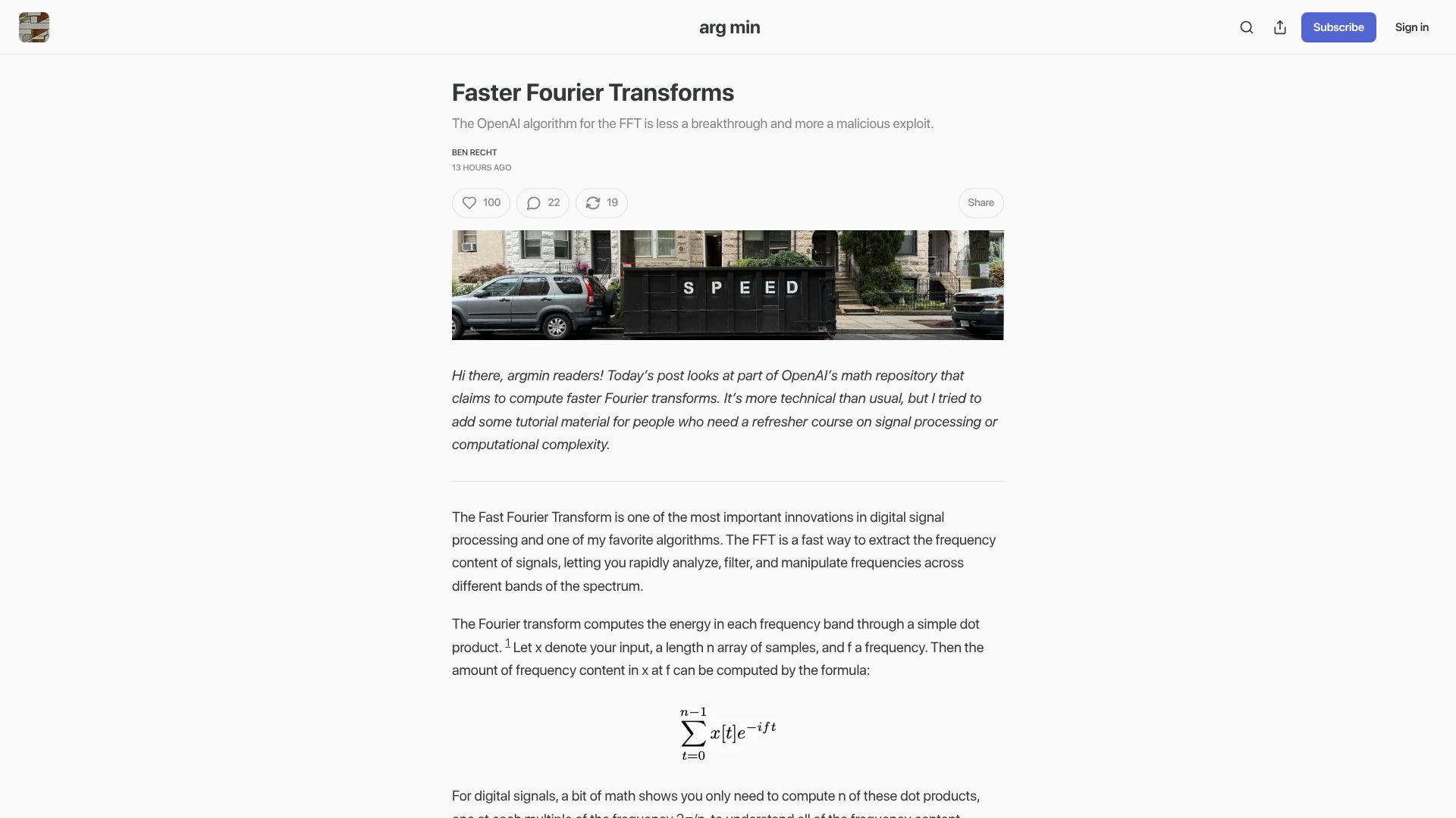 Screenshot of argmin.net: A look at the math that OpenAI claims computes faster Fourier transforms