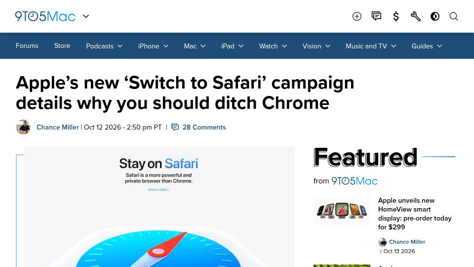 Screenshot of 9to5mac.com: Apple's new 'Switch to Safari' campaign details why you should ditch Chrome