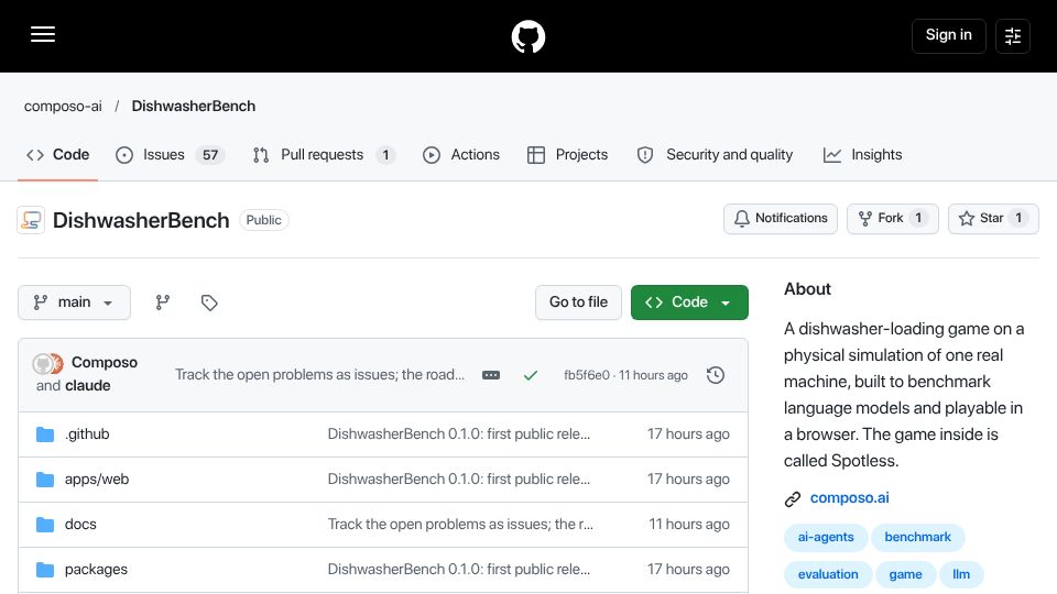 Screenshot of github.com: DishwasherBench – Can Frontier Models Stack a Dishwasher?