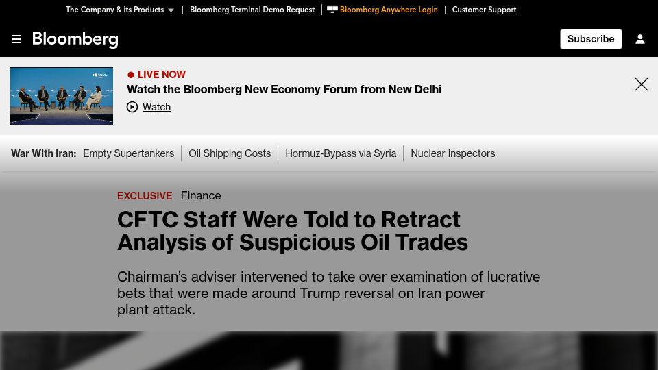 Screenshot of bloomberg.com: CFTC Staff Were Told to Retract Analysis of Suspicious Oil Trades