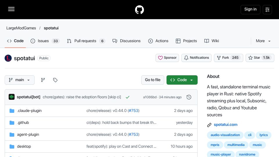 Screenshot of github.com: Show HN: Spotatui, a Spotify TUI/GUI without web API rate limits