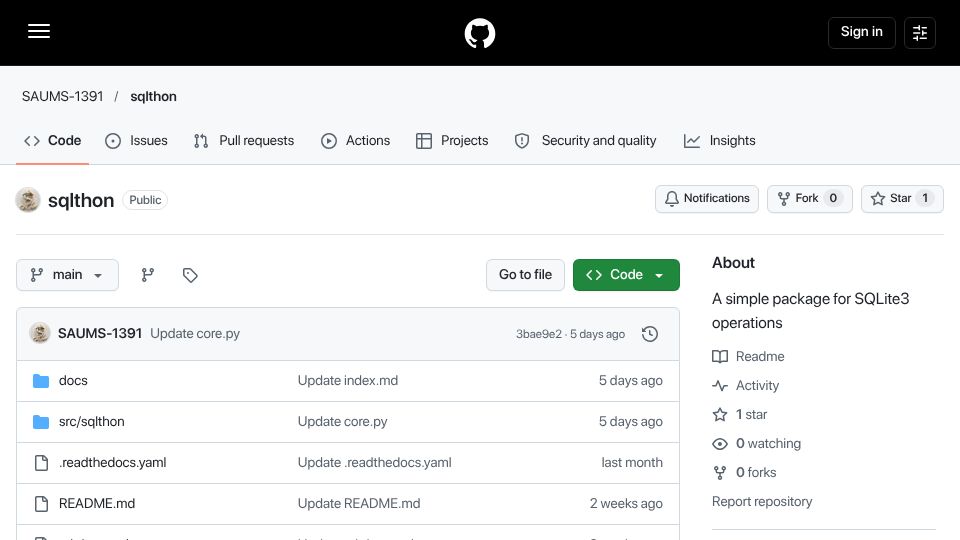 Screenshot of github.com: Sqlthon – A lightweight Pythonic layer for SQLite