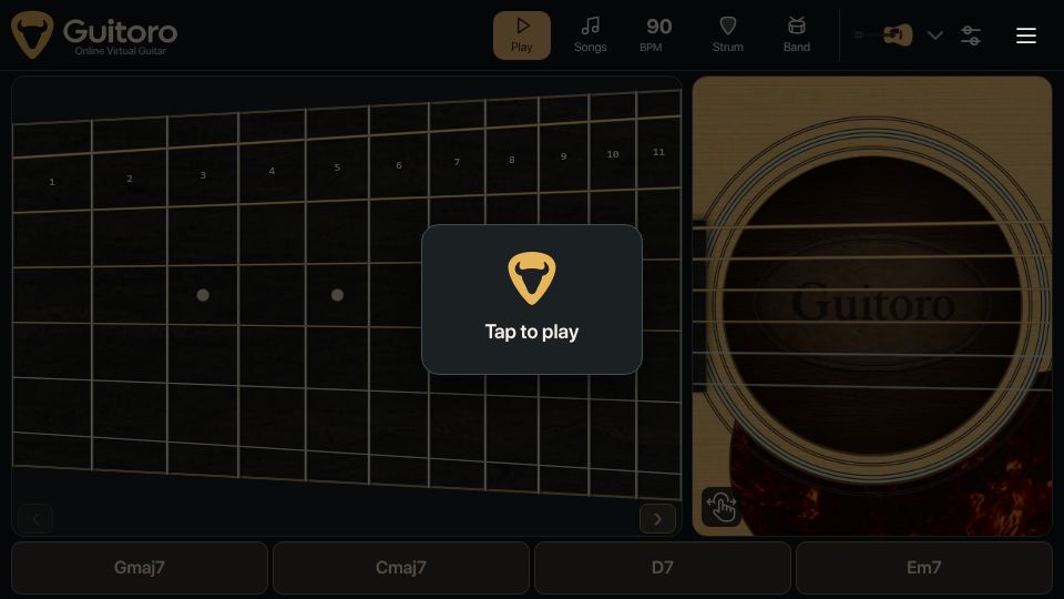 Screenshot of guitoro.com: Show HN: Guitoro, a virtual guitar you strum with your keyboard
