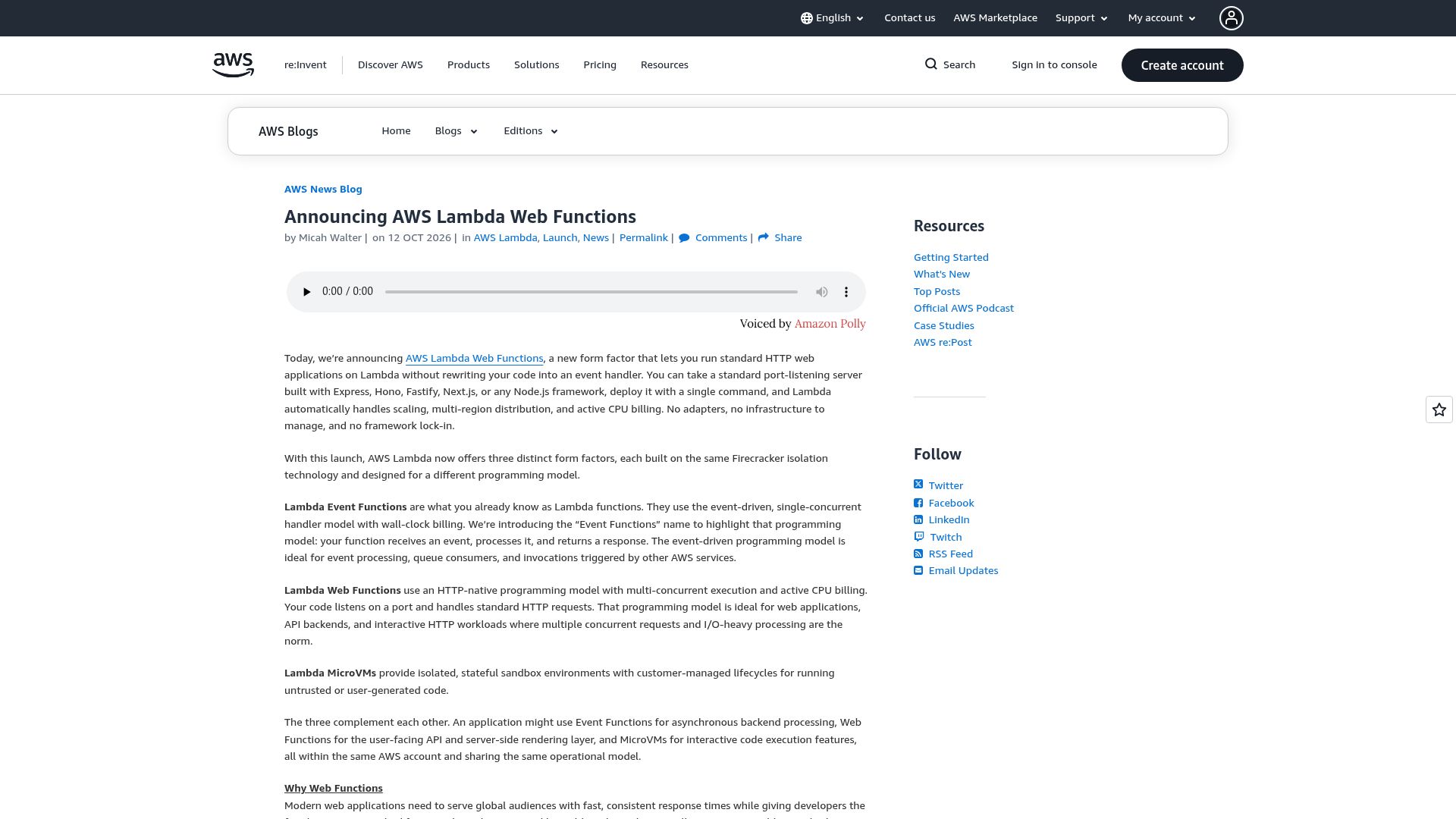 Screenshot of aws.amazon.com: AWS Lambda Web Functions
