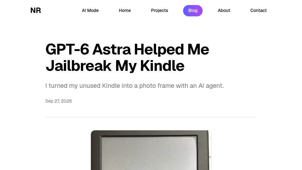 Screenshot of nirajrajgor.com: I turned my unused Kindle into a photo frame with GPT-6 Astra