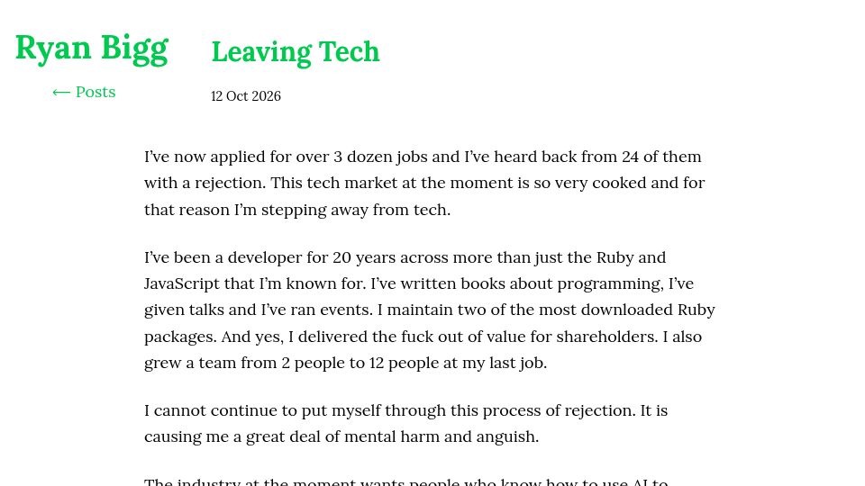 Screenshot of ryanbigg.com: Leaving Tech