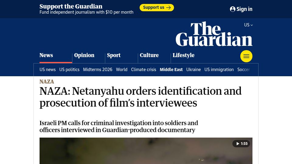 Screenshot of theguardian.com: NAZA: Netanyahu orders identification and prosecution of film's interviewees