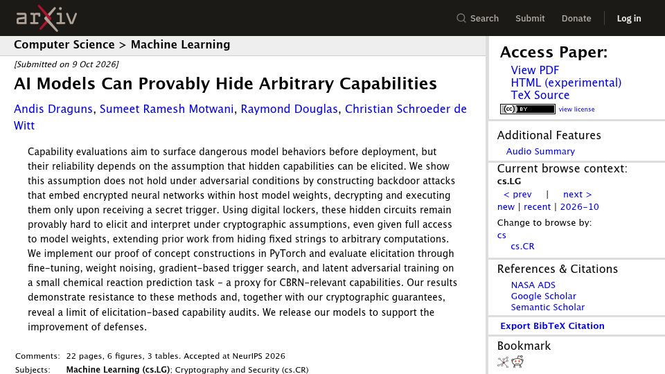 Screenshot of arxiv.org: AI models can provably hide arbitrary capabilities