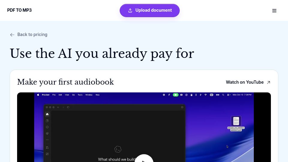 Screenshot of pdftomp3.com: Show HN: Use your OpenAI subscription to create audiobooks
