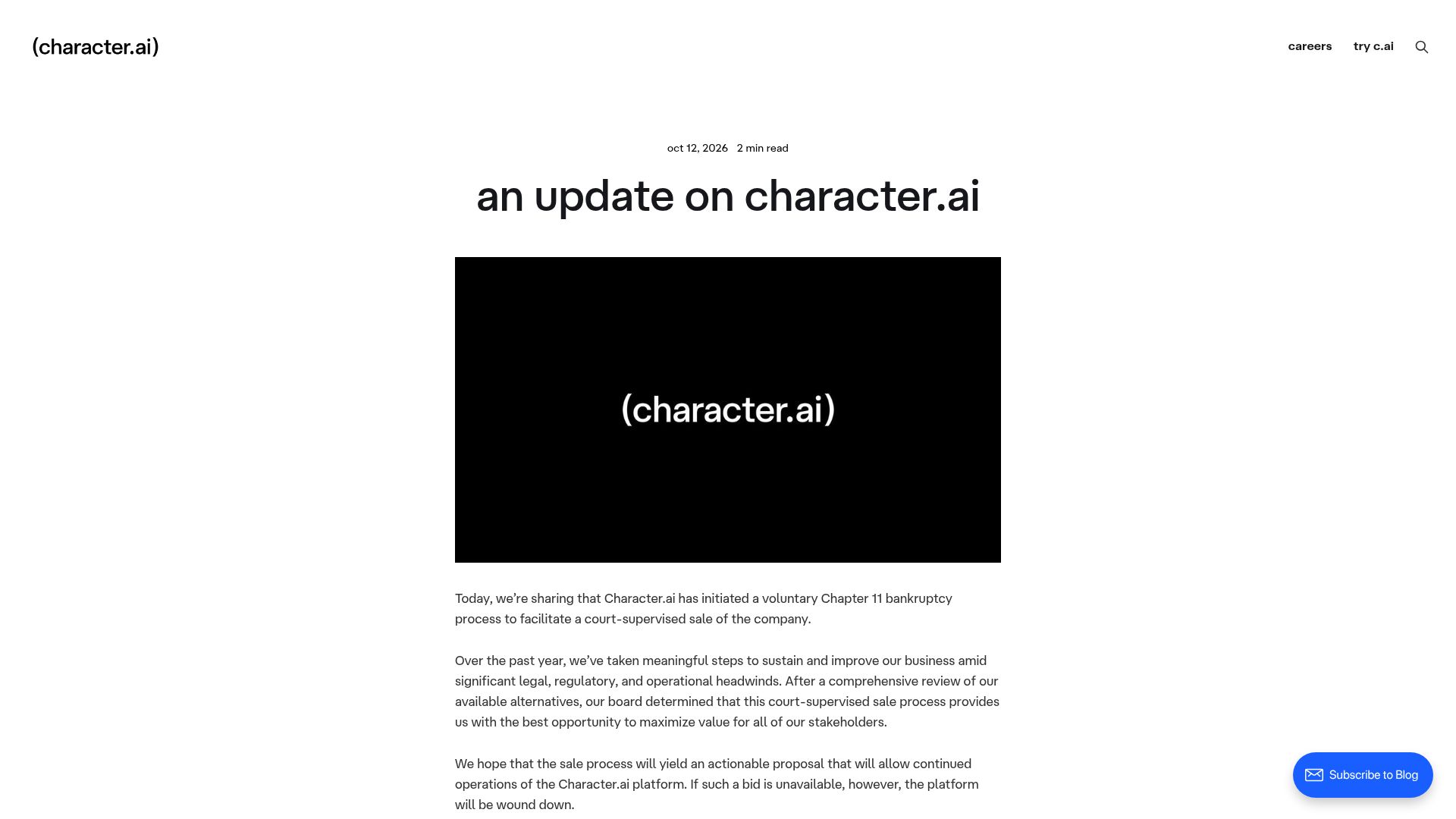 Screenshot of blog.character.ai: Character.ai has initiated voluntary Chapter 11 bankruptcy