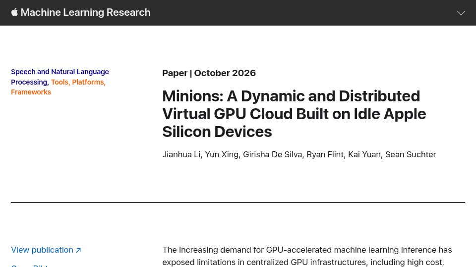 Screenshot of machinelearning.apple.com: A Dynamic and Distributed Virtual GPU Cloud Built on Idle Apple Silicon Devices