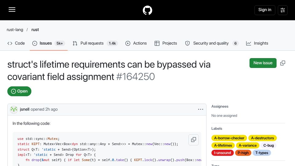 Screenshot of github.com: 11 year old unsoundness bugs found in Rust borrow checker