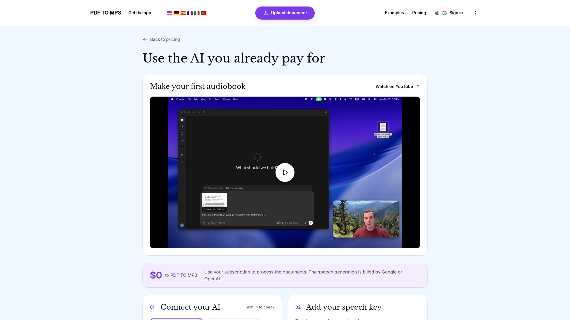 Screenshot of pdftomp3.com: Show HN: Use your OpenAI subscription to create audiobooks