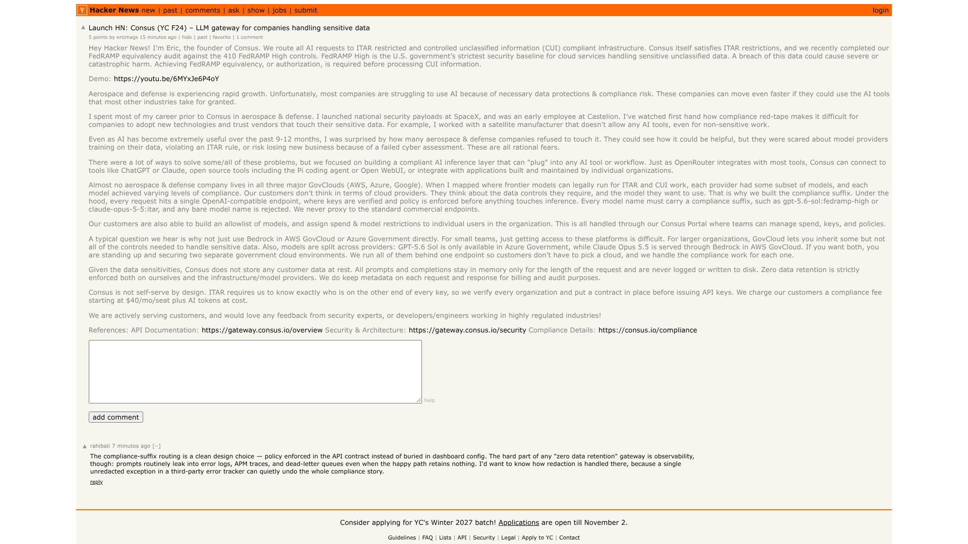 Screenshot of this Hacker News post: Launch HN: Consus (YC F24) – LLM gateway for companies handling sensitive data
