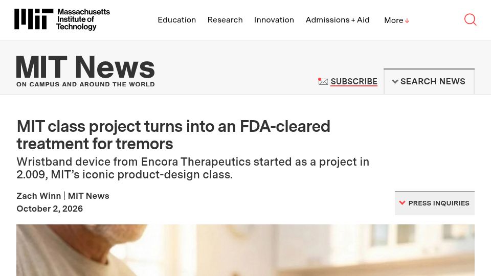 Screenshot of news.mit.edu: MIT class project turns into an FDA-cleared treatment for tremors