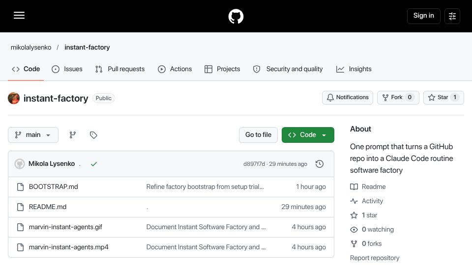 Screenshot of github.com: Instant Software Factories