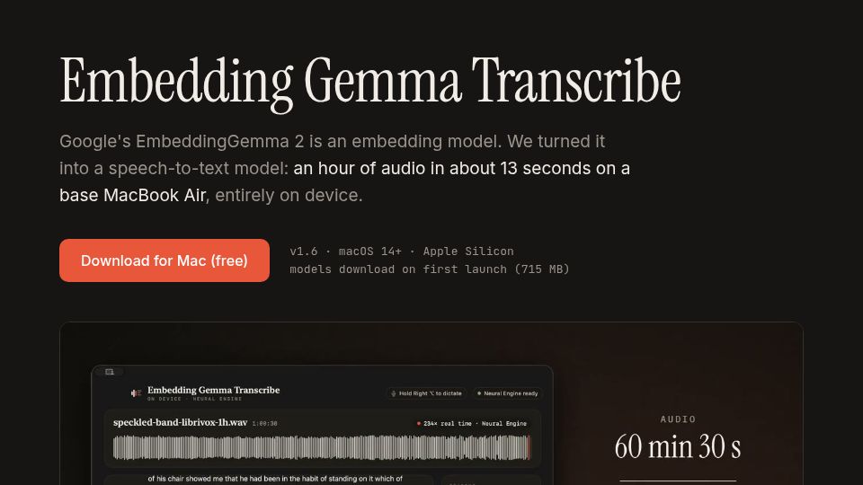 Screenshot of eg2.haku.sh: We turned EmbeddingGemma 2 into a speech-to-text model