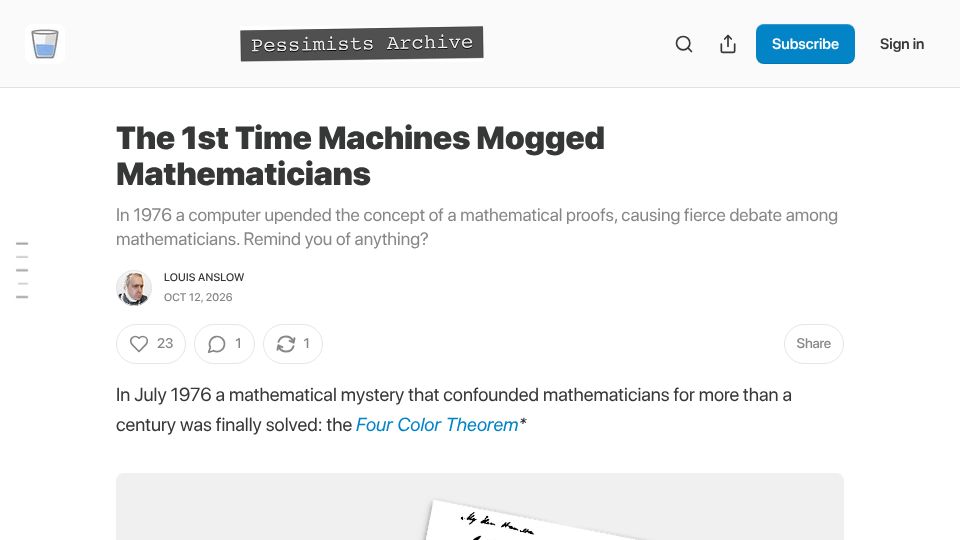 Screenshot of newsletter.pessimistsarchive.org: The Four Colour Theorem: The first time machines mogged mathematicians