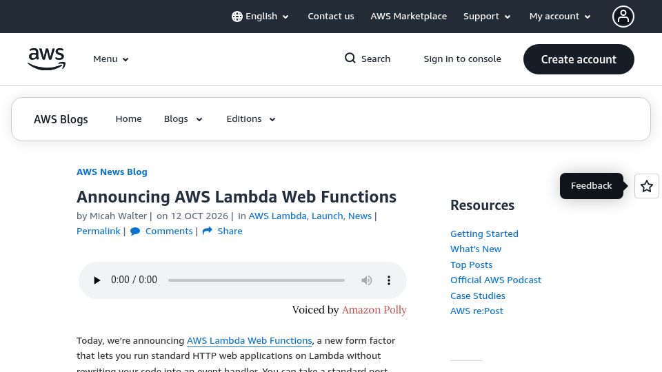 Screenshot of aws.amazon.com: AWS Lambda Web Functions