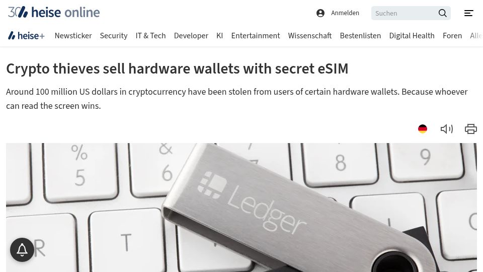 Screenshot of heise.de: Crypto thieves sell hardware wallets with secret eSIM