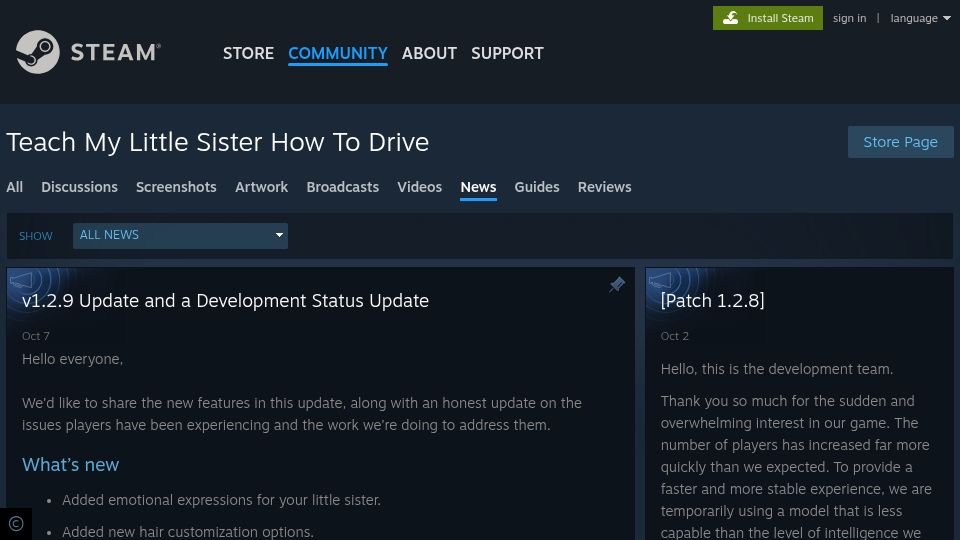 Screenshot of steamcommunity.com: Teach My Little Sister How to Drive