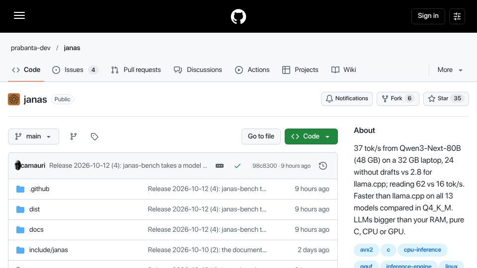 Screenshot of github.com: Janas: Run LLMs larger than RAM by streaming experts from SSD