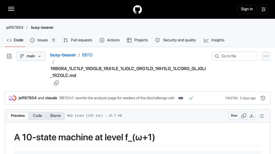 Screenshot of github.com: BB(10) > Graham's Number