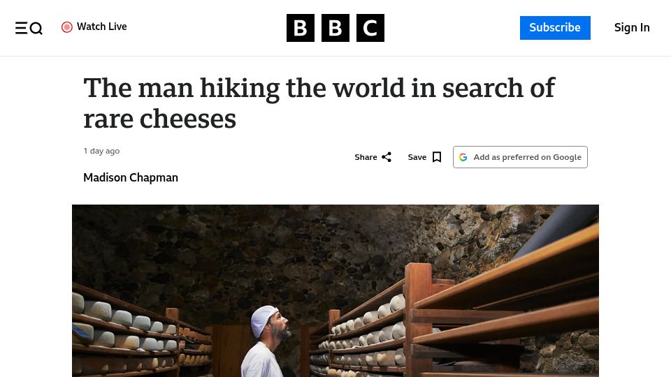 Screenshot of bbc.com: Hiking the world in search of rare cheeses