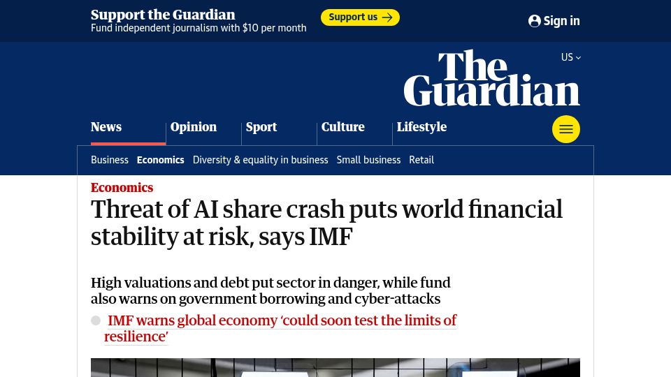 Screenshot of theguardian.com: Threat of AI share crash puts world financial stability at risk, says IMF