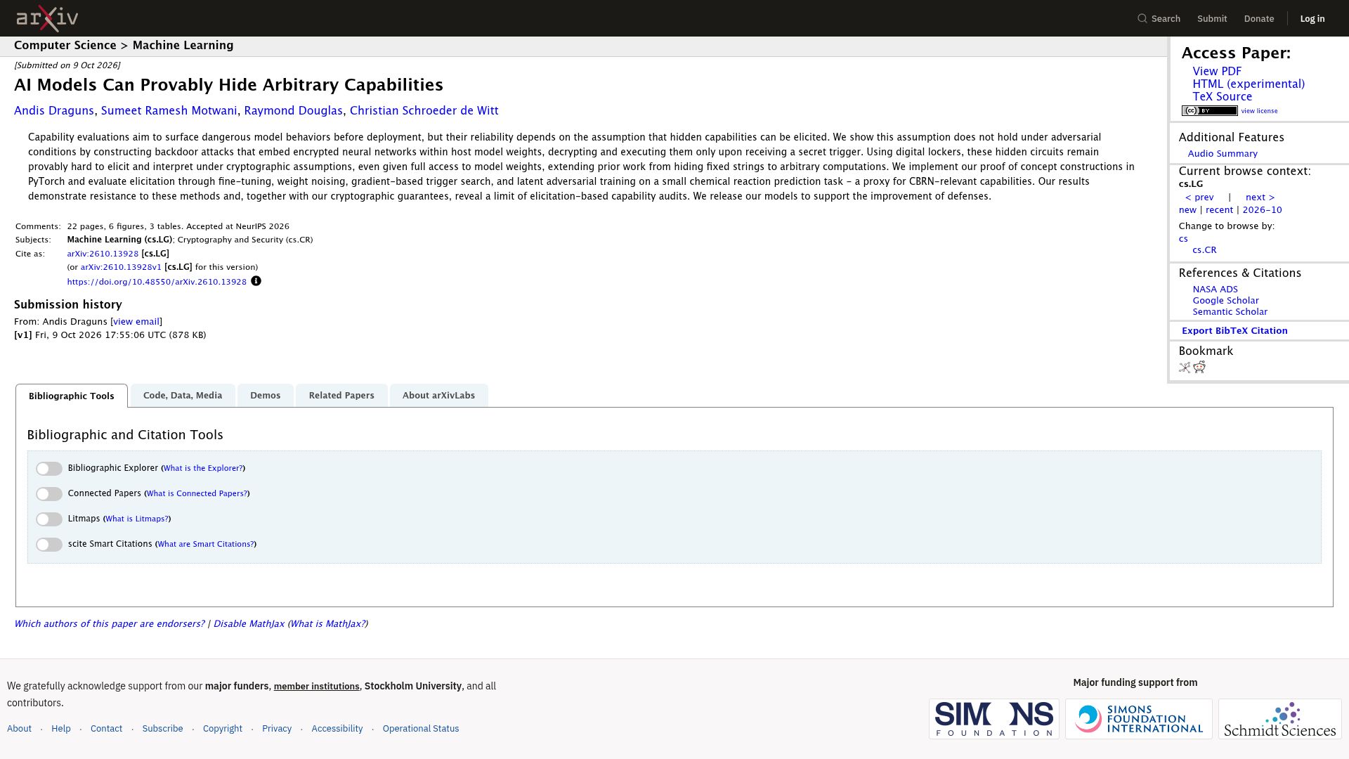 Screenshot of arxiv.org: AI models can provably hide arbitrary capabilities