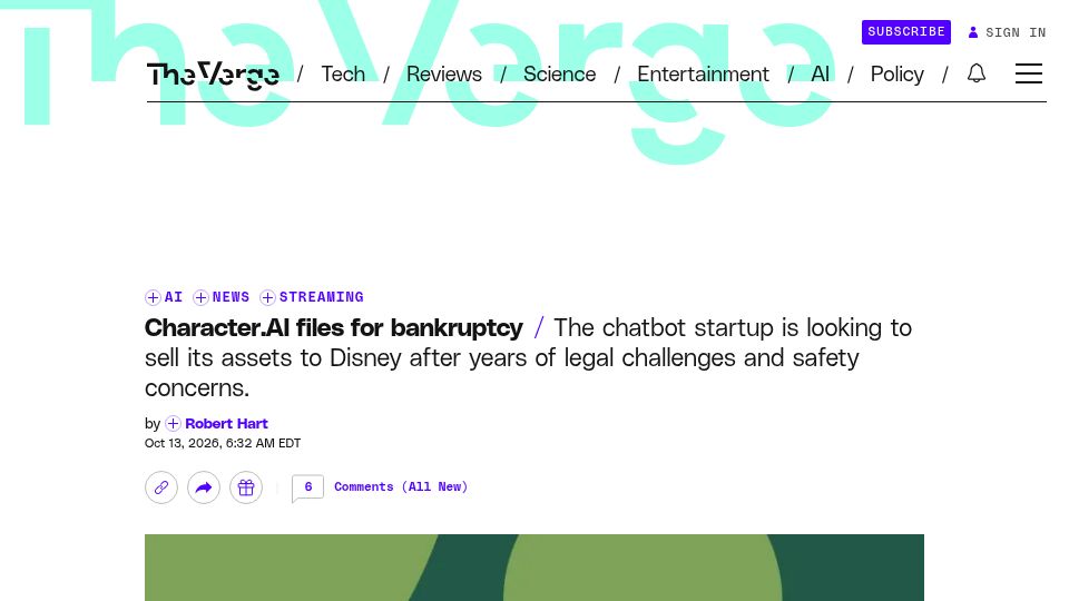 Screenshot of theverge.com: Character.ai Files for Bankruptcy